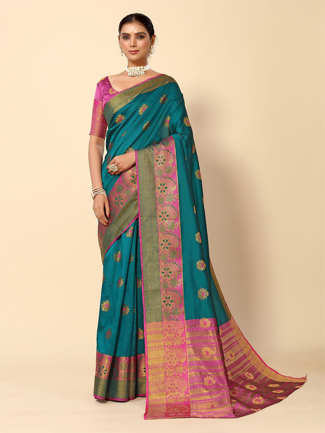 

ODETTE Woven Design Zari Saree, Teal