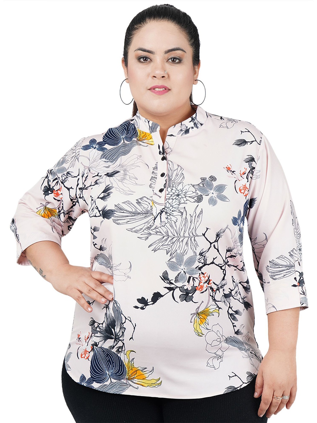 

Indietoga Women Printed Mandarin Collar Tunic, White