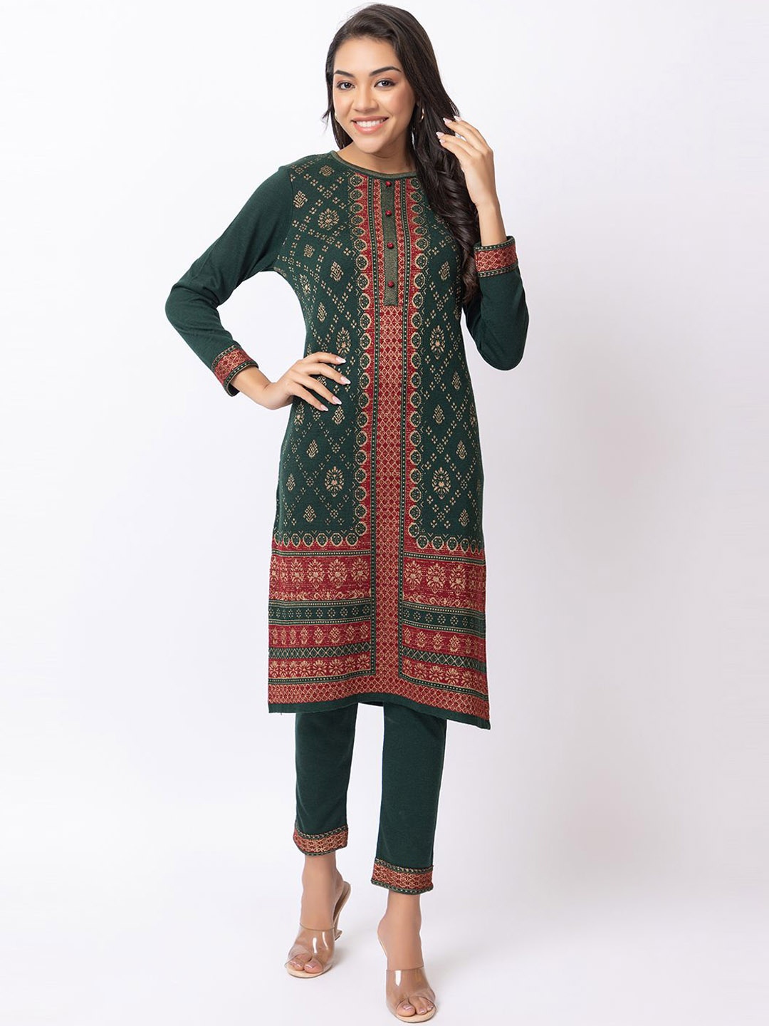 

KEIKO Women Ethnic Motifs Printed Regular Kurta with Trousers, Green