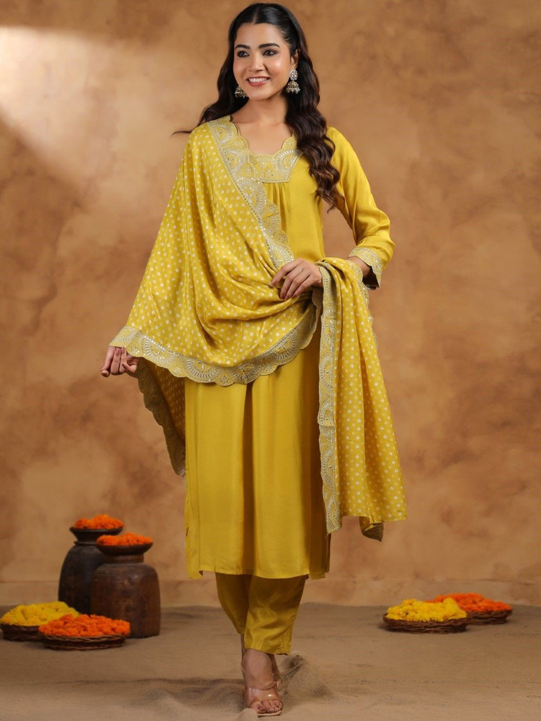

AUTUMN LANE Ethnic Motifs Embroidered Pleated Straight Kurta with Trousers & Dupatta, Yellow
