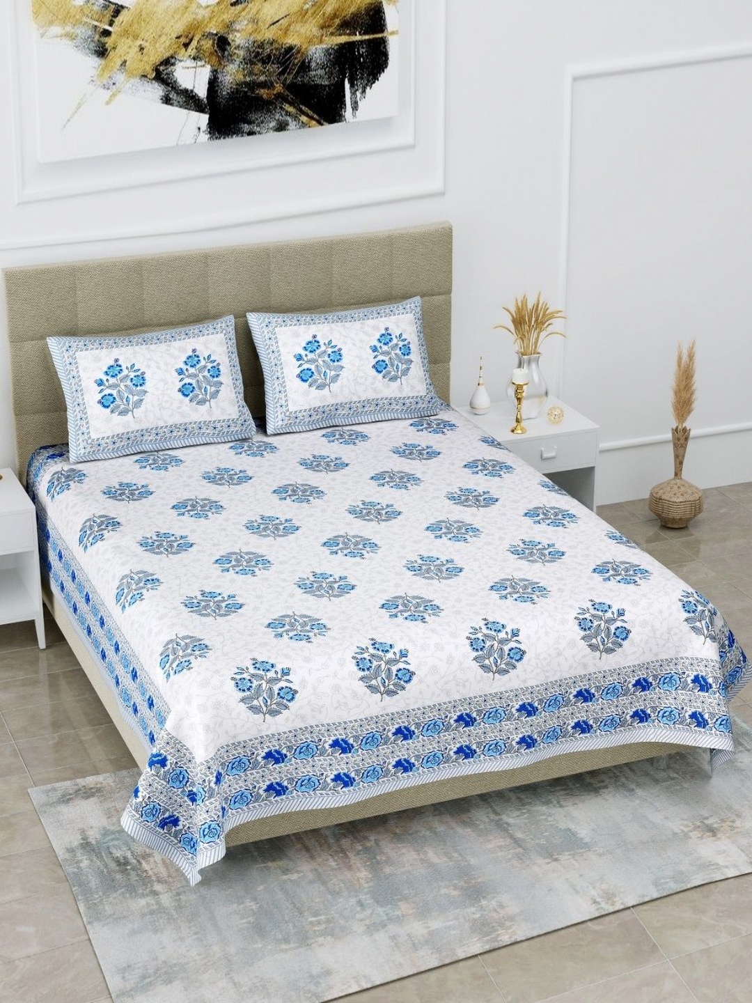 

HOMELINE Blue & White Floral Printed Cotton 180 TC King Bedsheet Set 2.74 x 2.54m