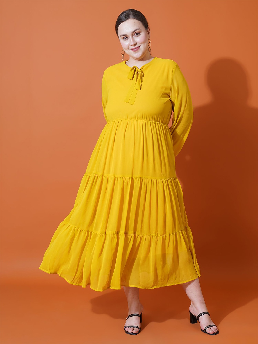

U&F Beyond Women Tie-Up Neck Puff Sleeve Crepe Fit & Flare Midi Dress, Yellow