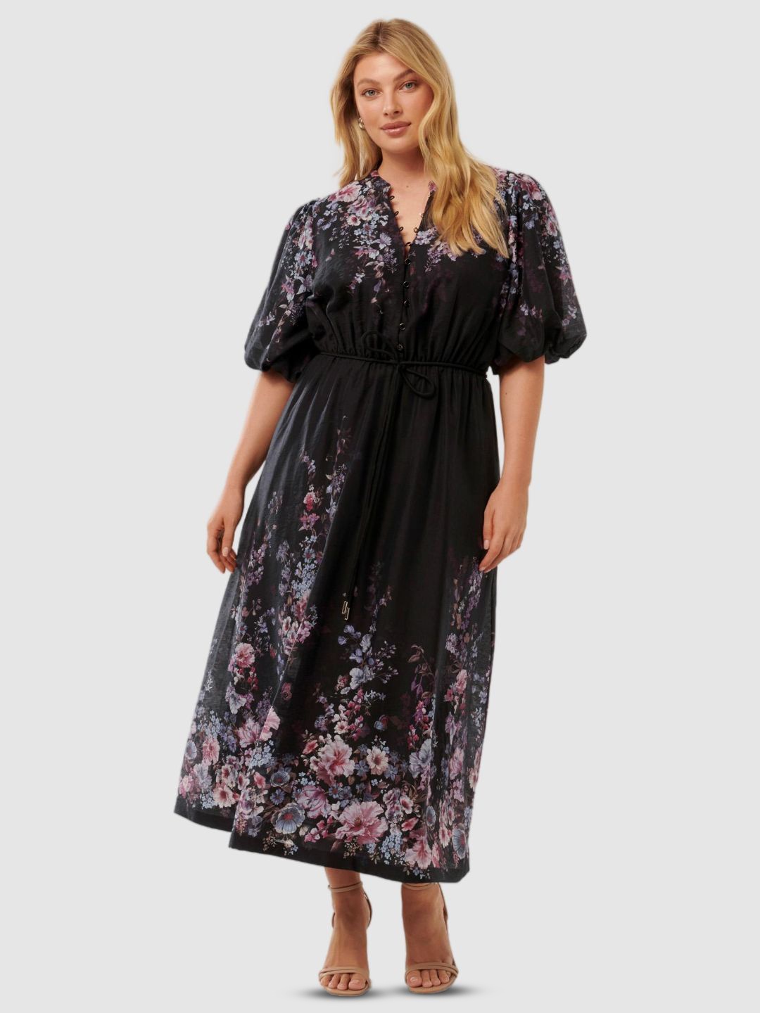 

Forever New Floral Printed Puff Sleeve Maxi Dress With Tie-Ups, Black