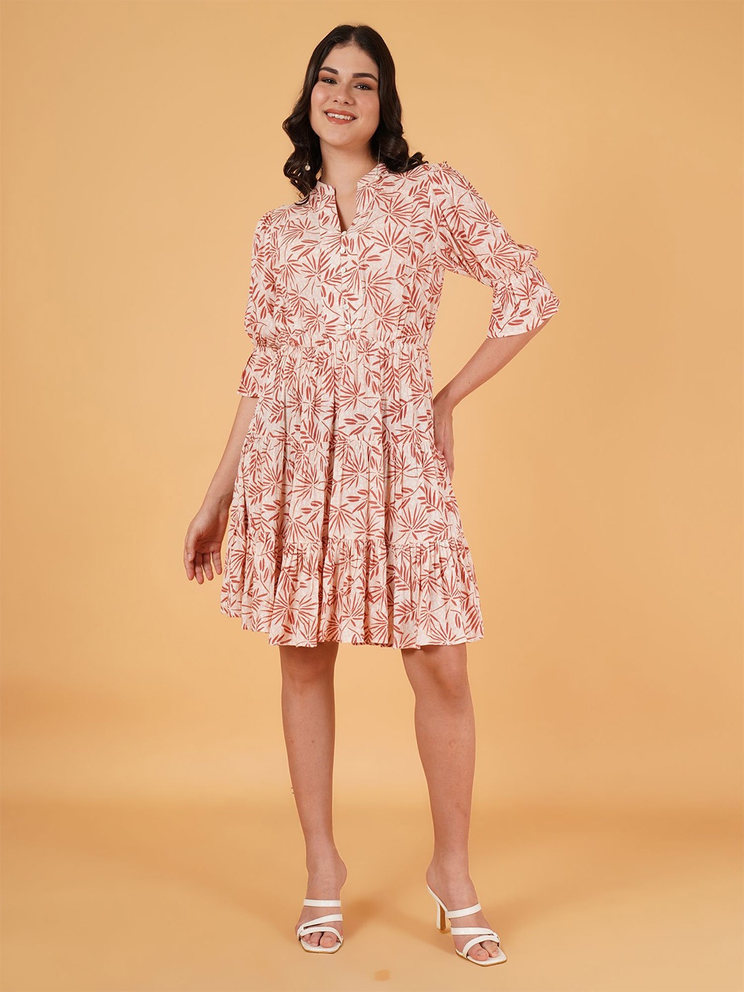 

Mast & Harbour Tropical Printed Mandarin Collar Puff Sleeve Fit & Flare Tiered Dress, Brown