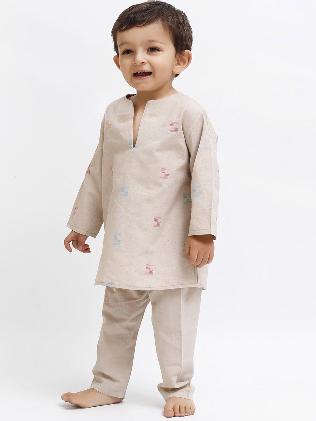 

TJORI Boys Regular Pure Cotton Kurta with Trousers, Beige