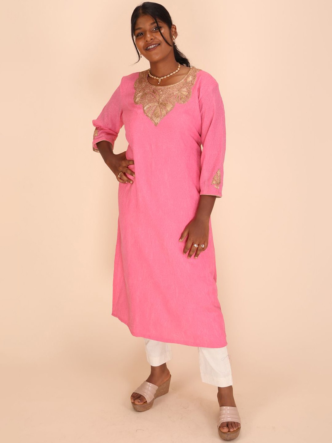 

Avishya Plus Size Embroidered Thread Work Cotton Straight Kurta, Pink