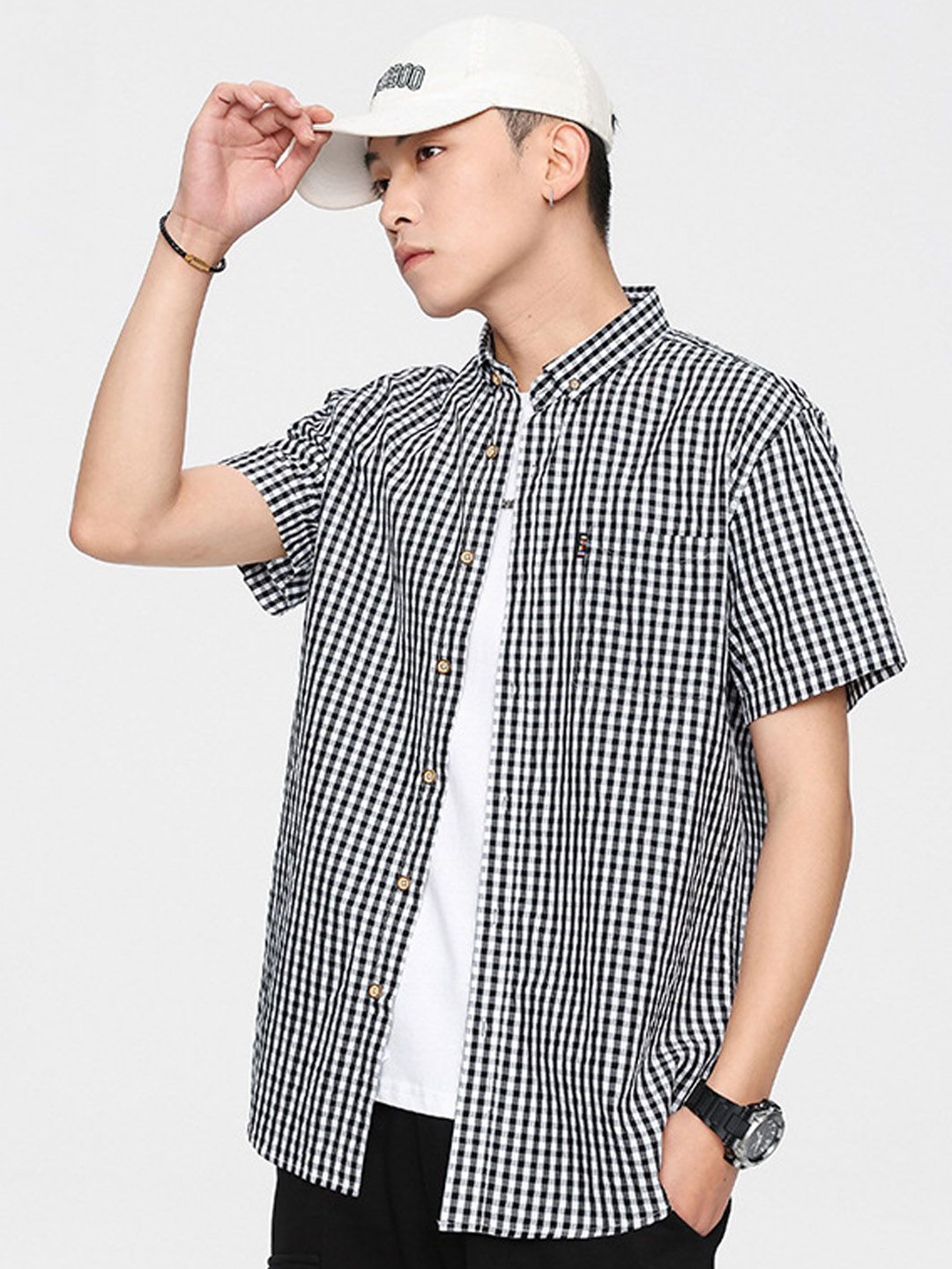 

StyleCast Men Button-Down Collar Gingham Checked Cotton Casual Shirt, Black