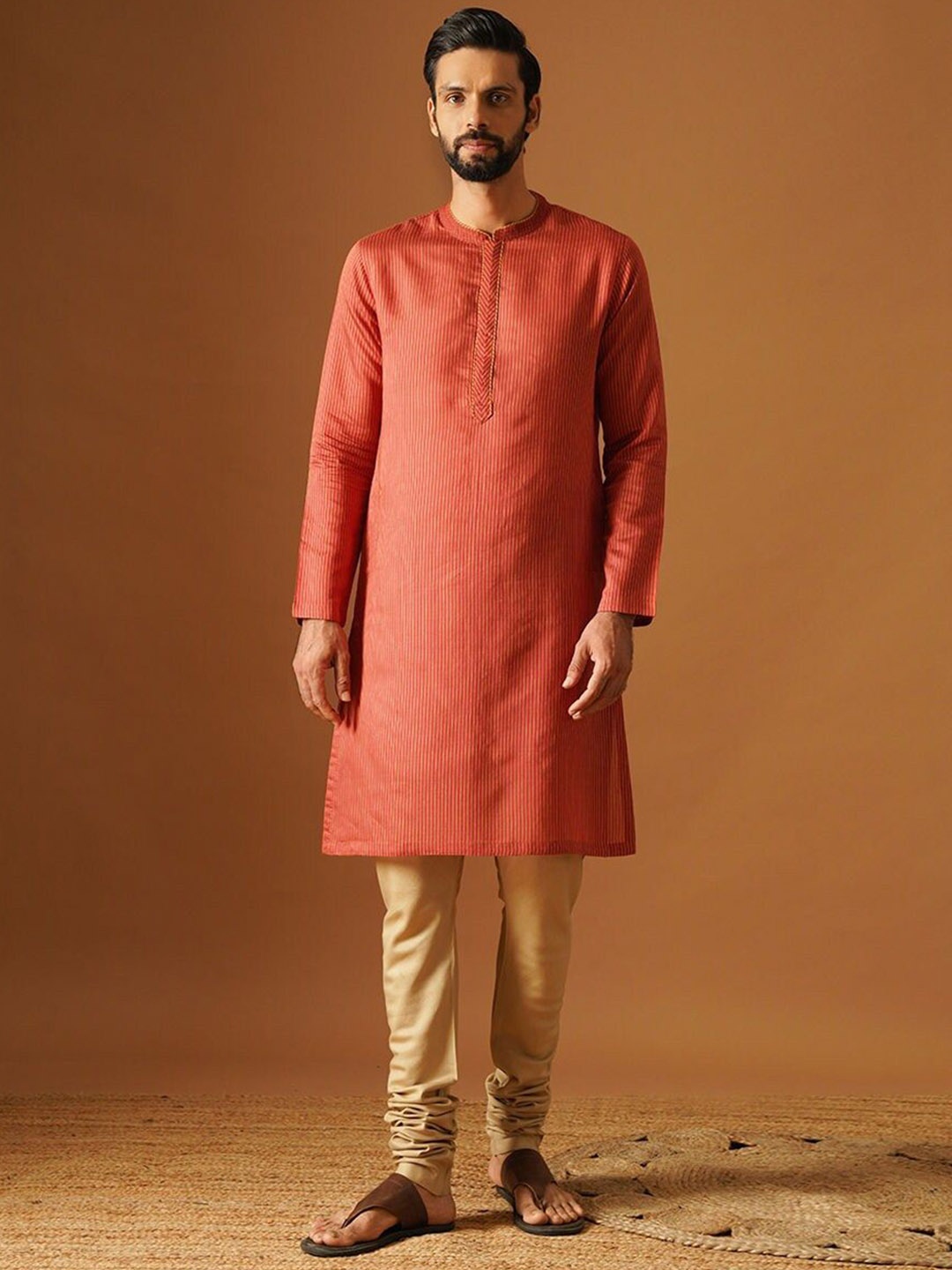 

JAYPORE Band Collar Striped Straight Kurta, Red
