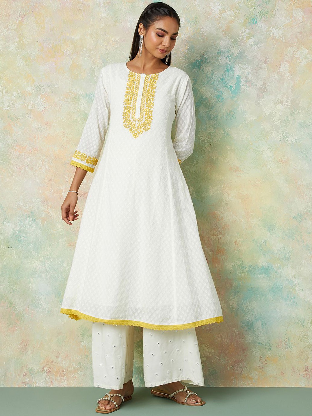 

Melange by Lifestyle Floral Embroidered Sequined A-Line Kurta, Off white