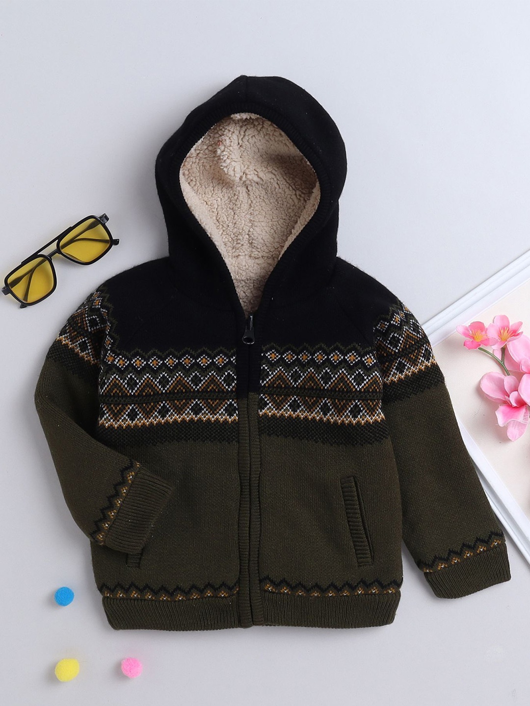 

Yellow Apple Boys Printed Hood Front-Open Sweaters, Olive
