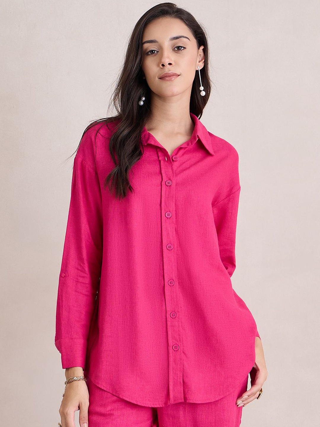 

Femella Women Comfort Spread Collar Solid Casual Shirt, Pink