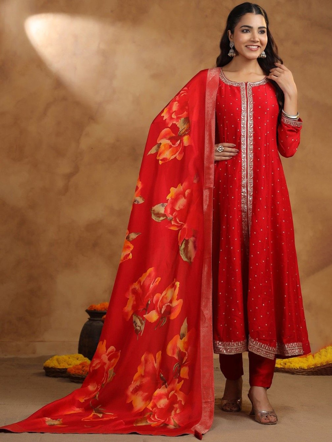 

AUTUMN LANE Embroidered Regular Cotton Silk Anarkali Kurta with Trousers & Dupatta, Red