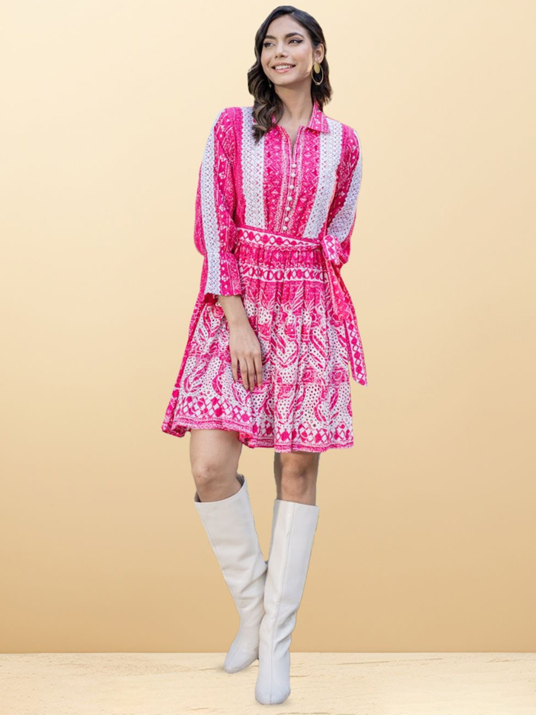 

CUSTARD Shirt Collar Self Design Fit & Flare Dress, Pink