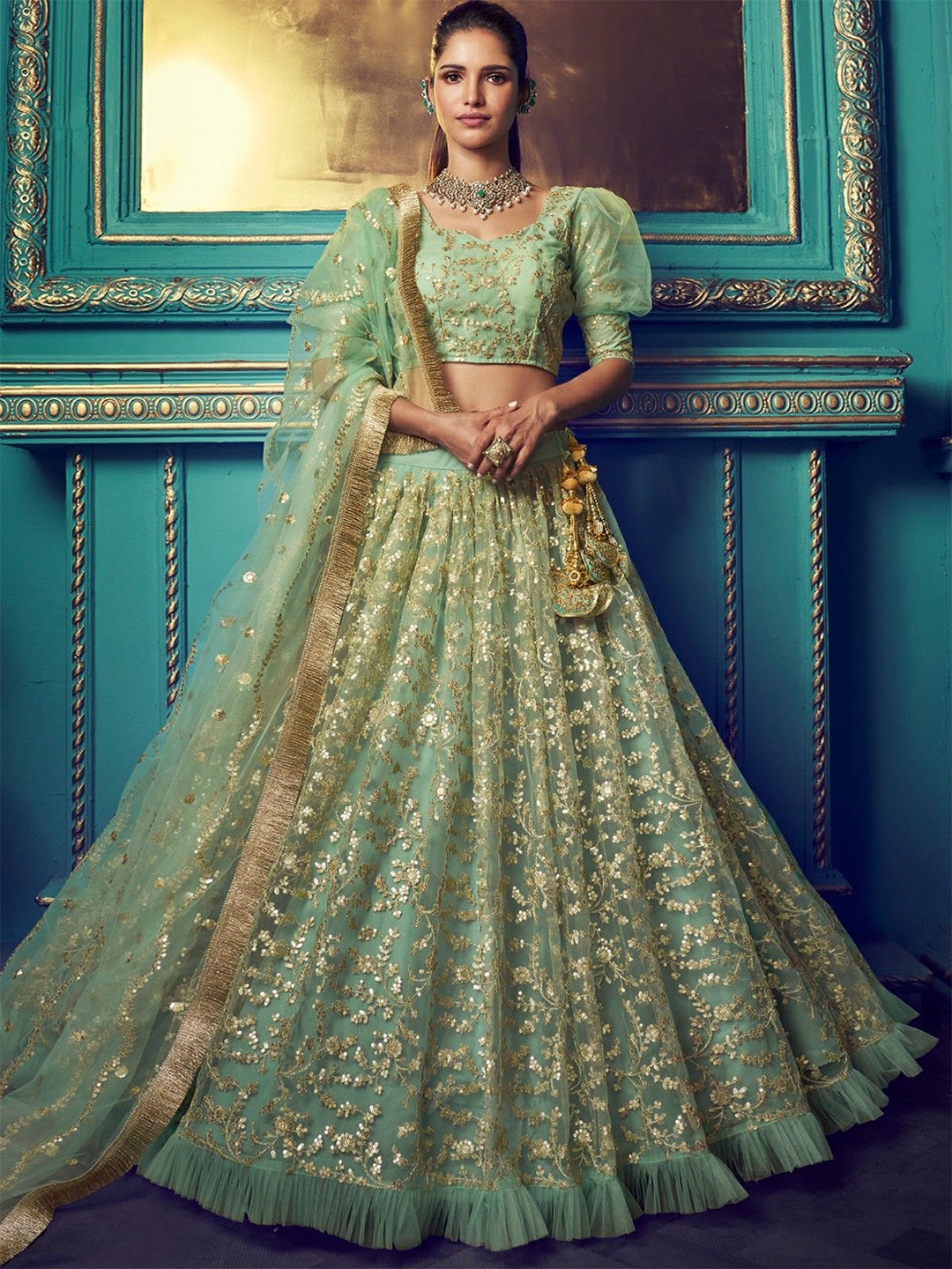 

ODETTE Embroidered Beads and Stones Soft Net Semi-Stitched Lehenga & Blouse With Dupatta, Sea green