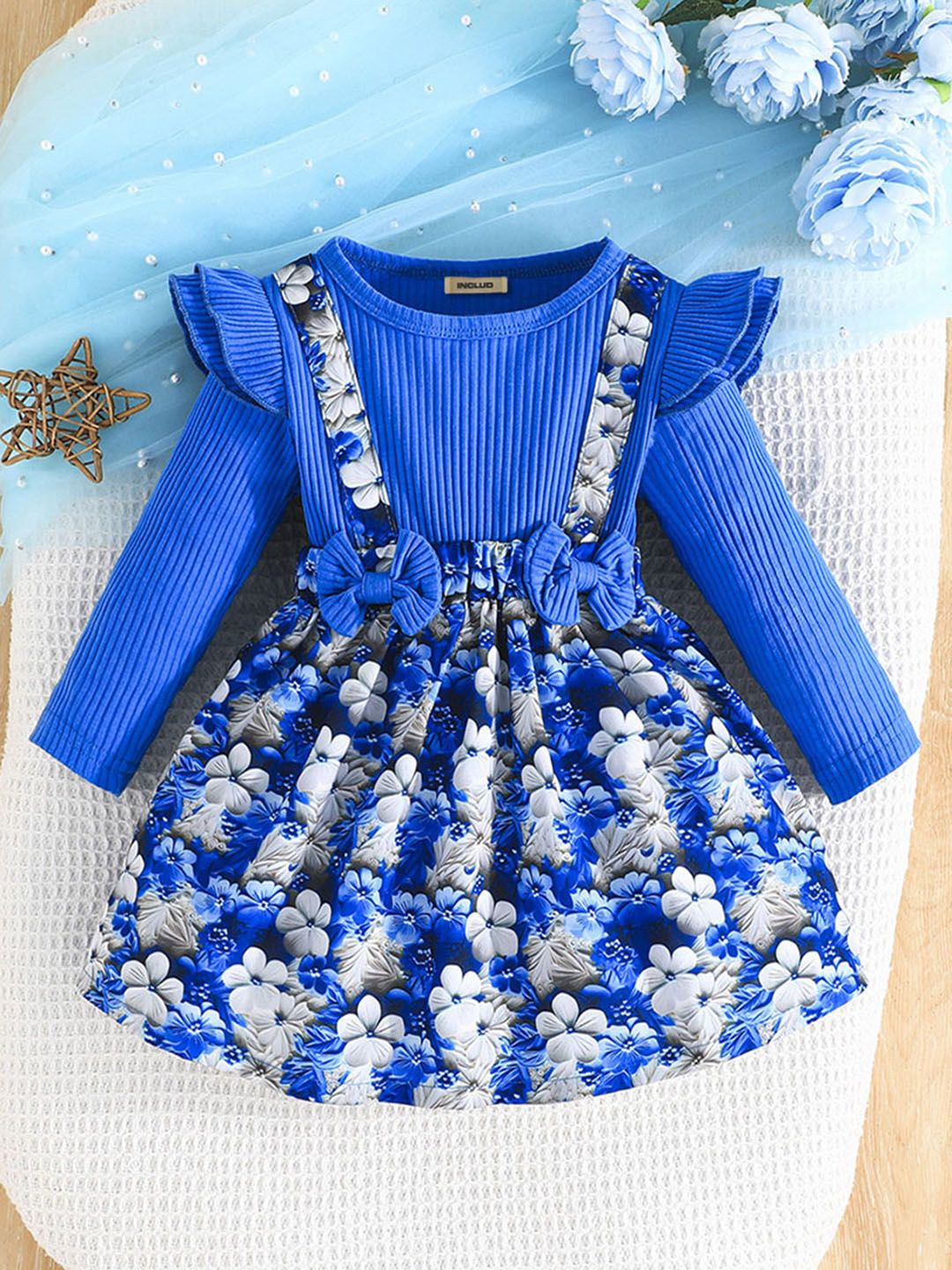 

INCLUD Girls Cotton Floral Printed Fit & Flare Dress, Blue