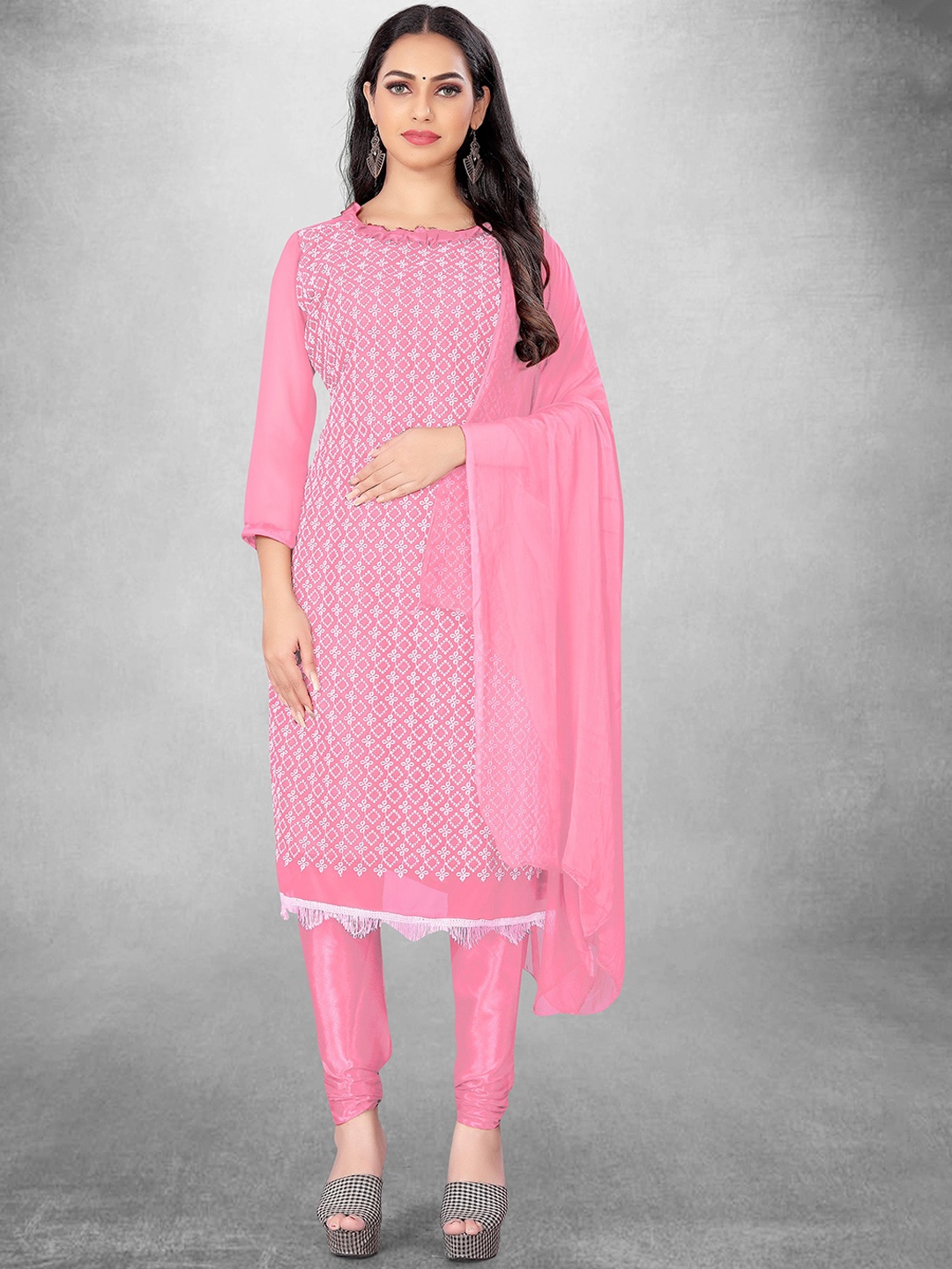 

Maroosh Floral Embroidered Georgette Unstitched Dress Material, Pink