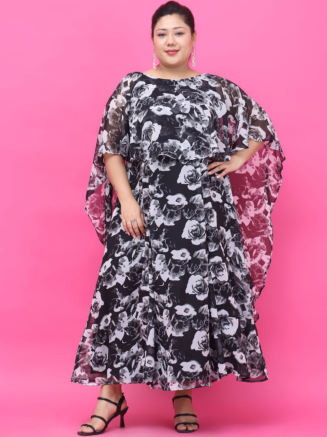

theRebelinme Women Plus Size Floral Printed Georgette A-Line Maxi Dress, Black