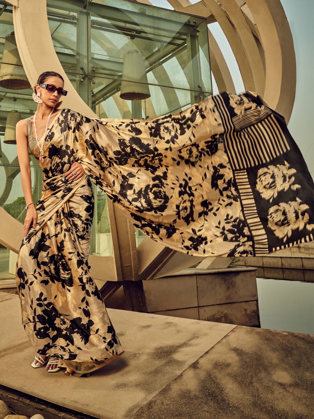

ODETTE Floral Printed Satin Saree, Beige