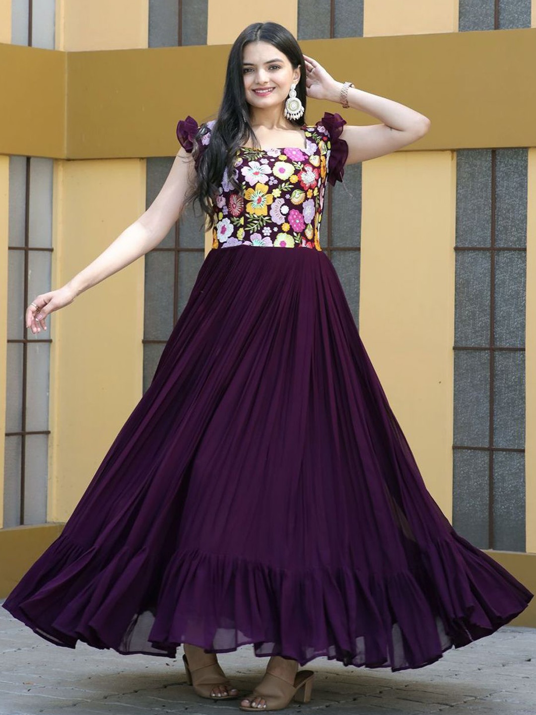 

FORKEY Women Floral Embroidered Square Neck A-line Ethnic Dresses, Purple