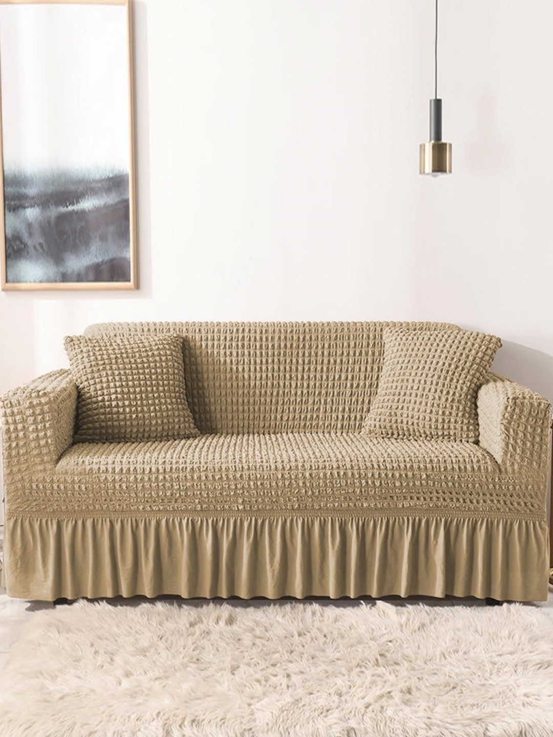 

Lukzer Beige Self Design Sofa Cover With Arms