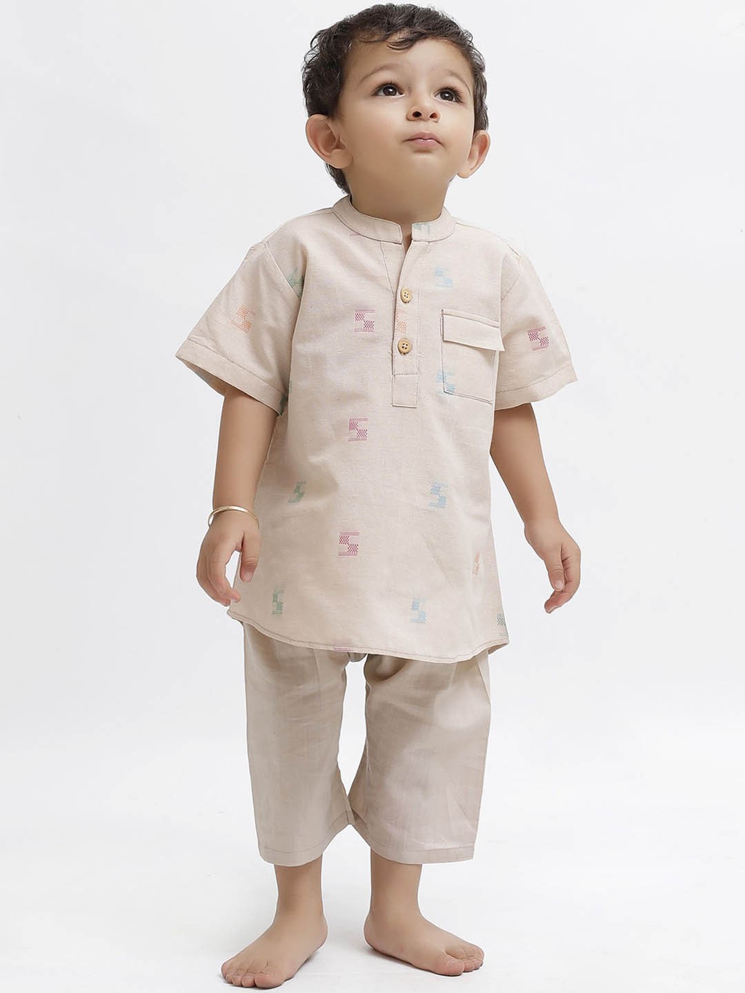 

TJORI Boys Ethnic Motifs Woven Design Pure Cotton Kurta with Trousers, Beige