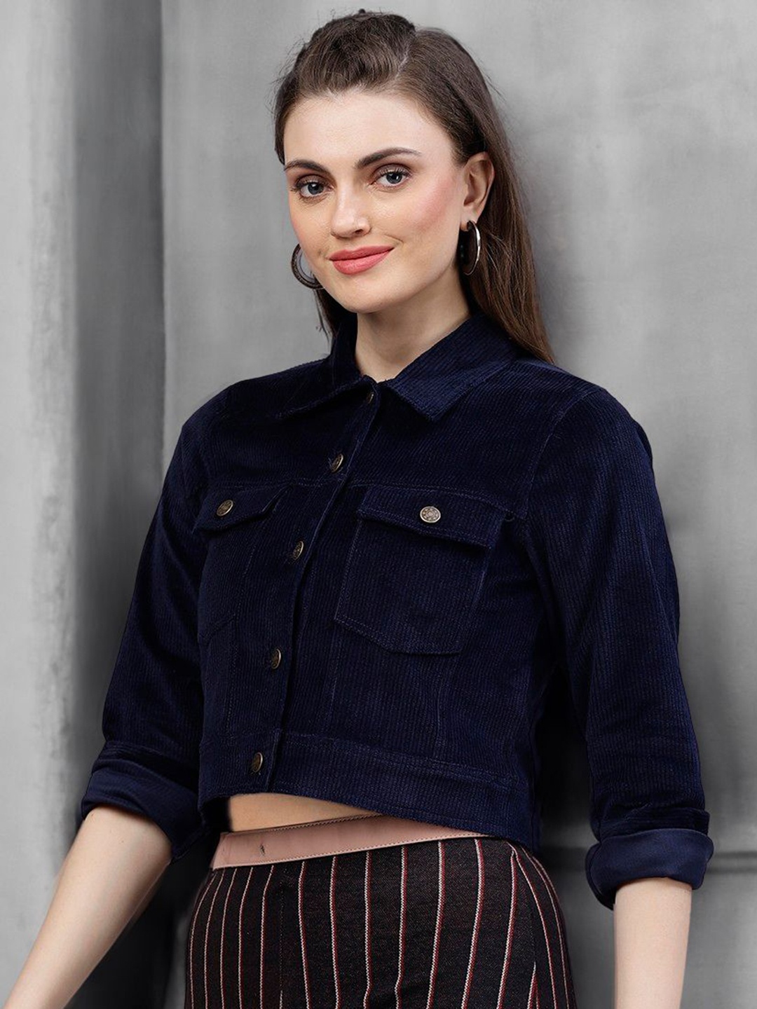 

STYLECAST X KASSUALLY Women Spread Collar Solid Cotton Casual Tailored Jacket, Navy blue