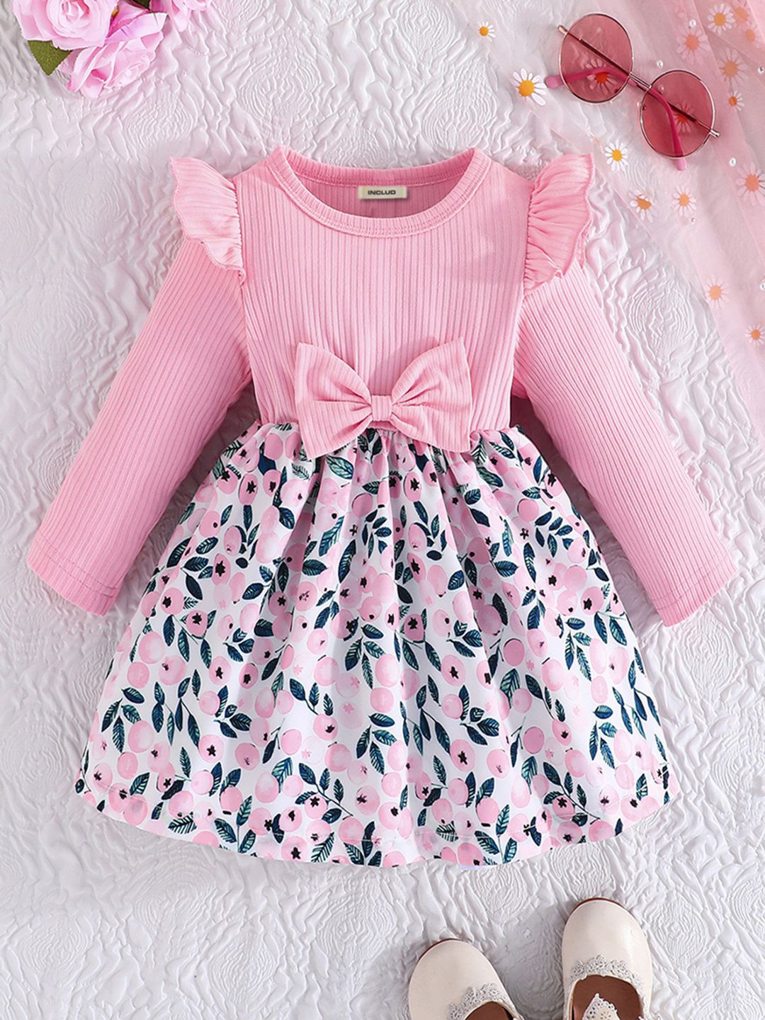 

INCLUD Girls Printed Fit & Flare Dress, Pink