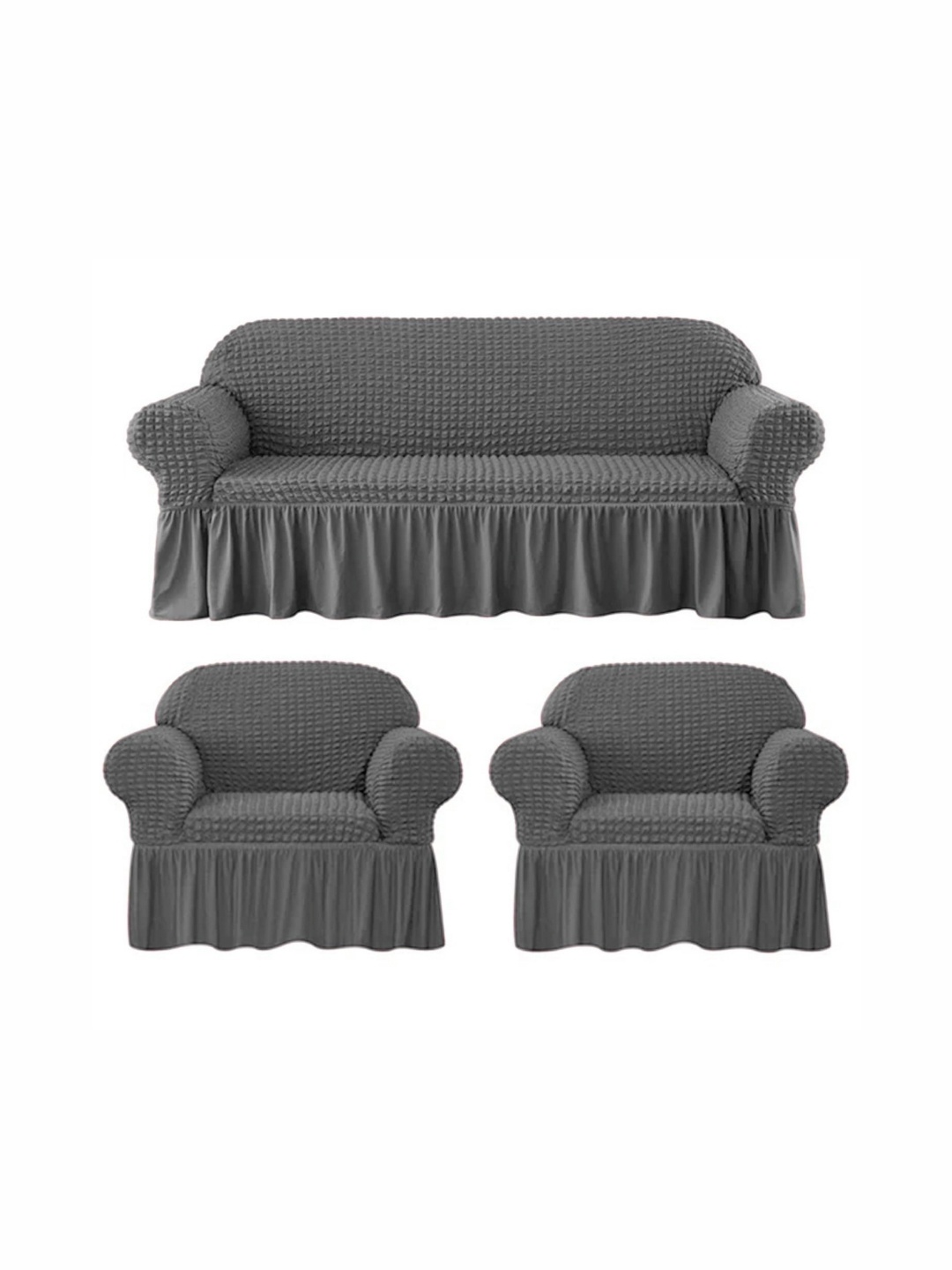 

Lukzer Grey 3 Pieces Self Design Sofa Cover With Arms