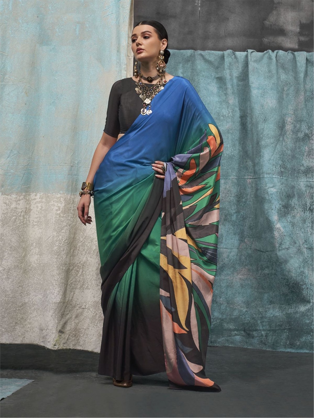 

ODETTE Abstract Printed Satin Saree, Blue