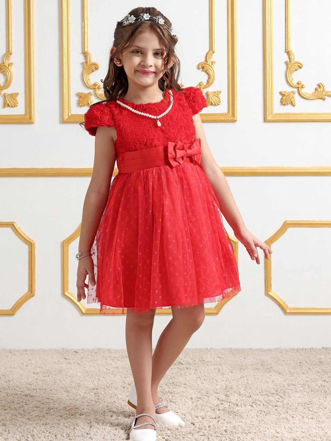 

Mark & Mia Girls Self Design Fit and Flare Above Knee Dress With Bow, Red