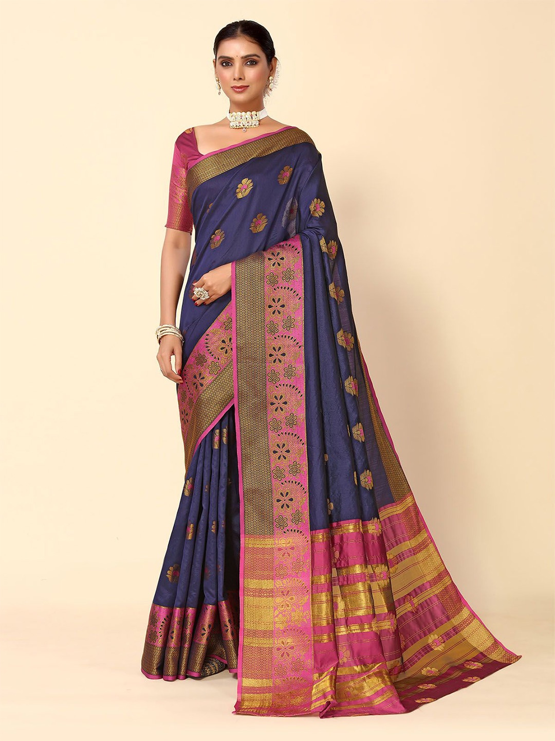 

ODETTE Ethnic Motifs Woven Design Zari Saree, Navy blue