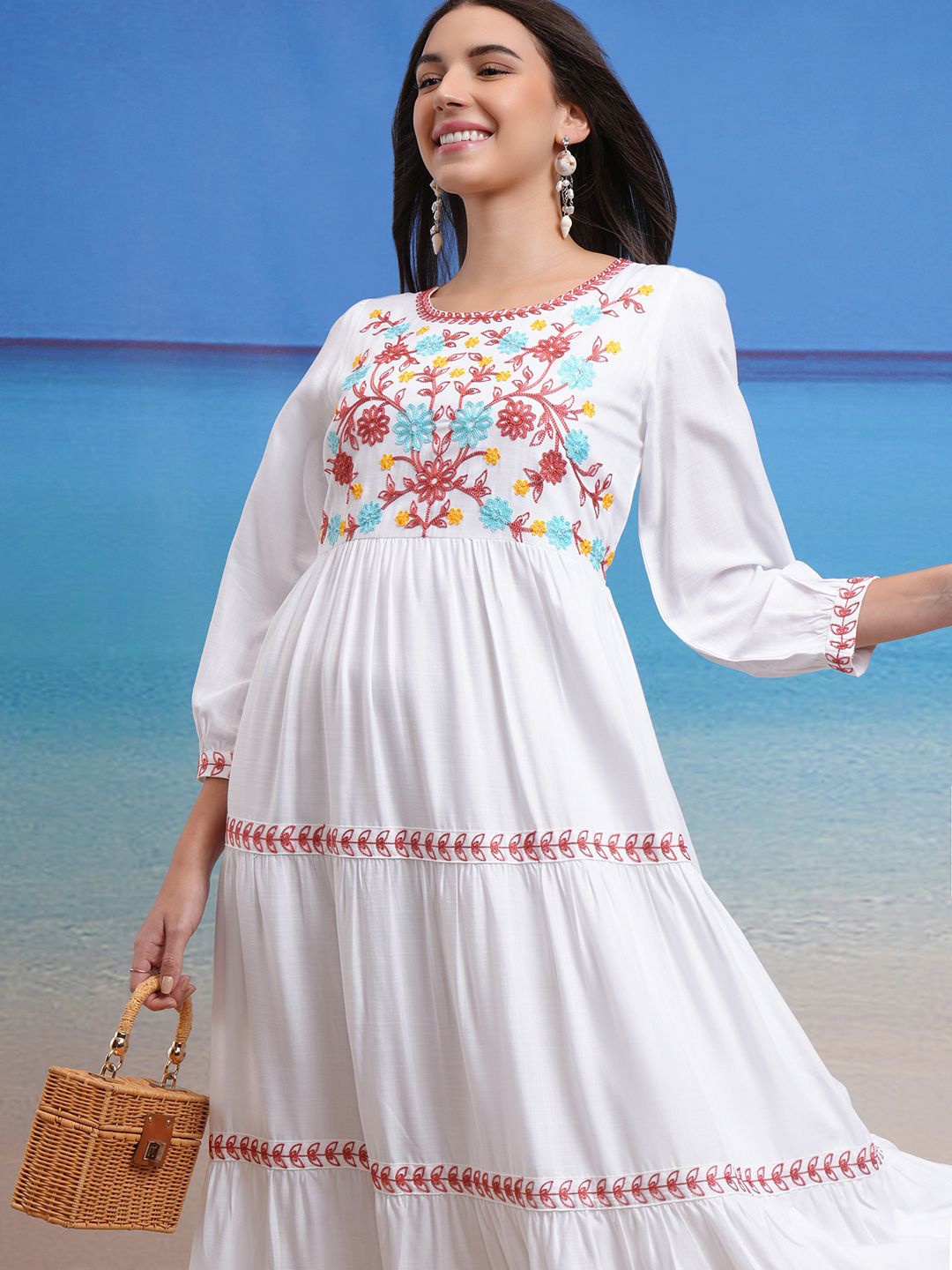 

Vishudh Women Floral Embroidered Fit & Flare Dress, White