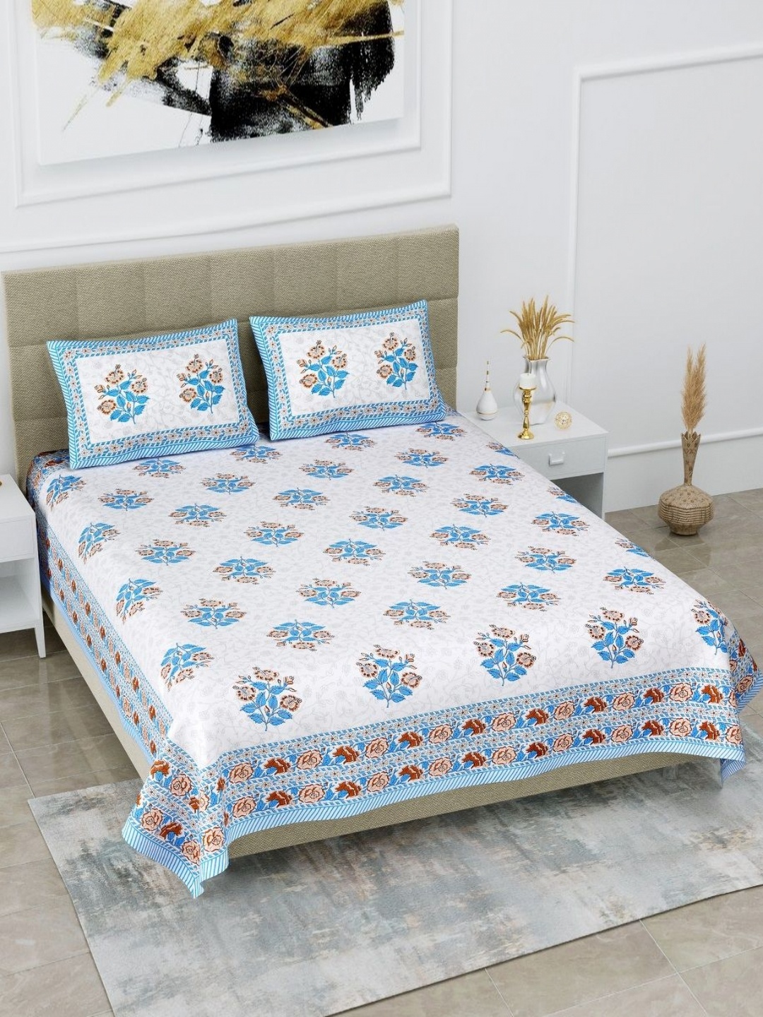 

HOMELINE Blue & White Floral Printed Cotton 180 TC King Bedsheet Set 2.74 x 2.54m