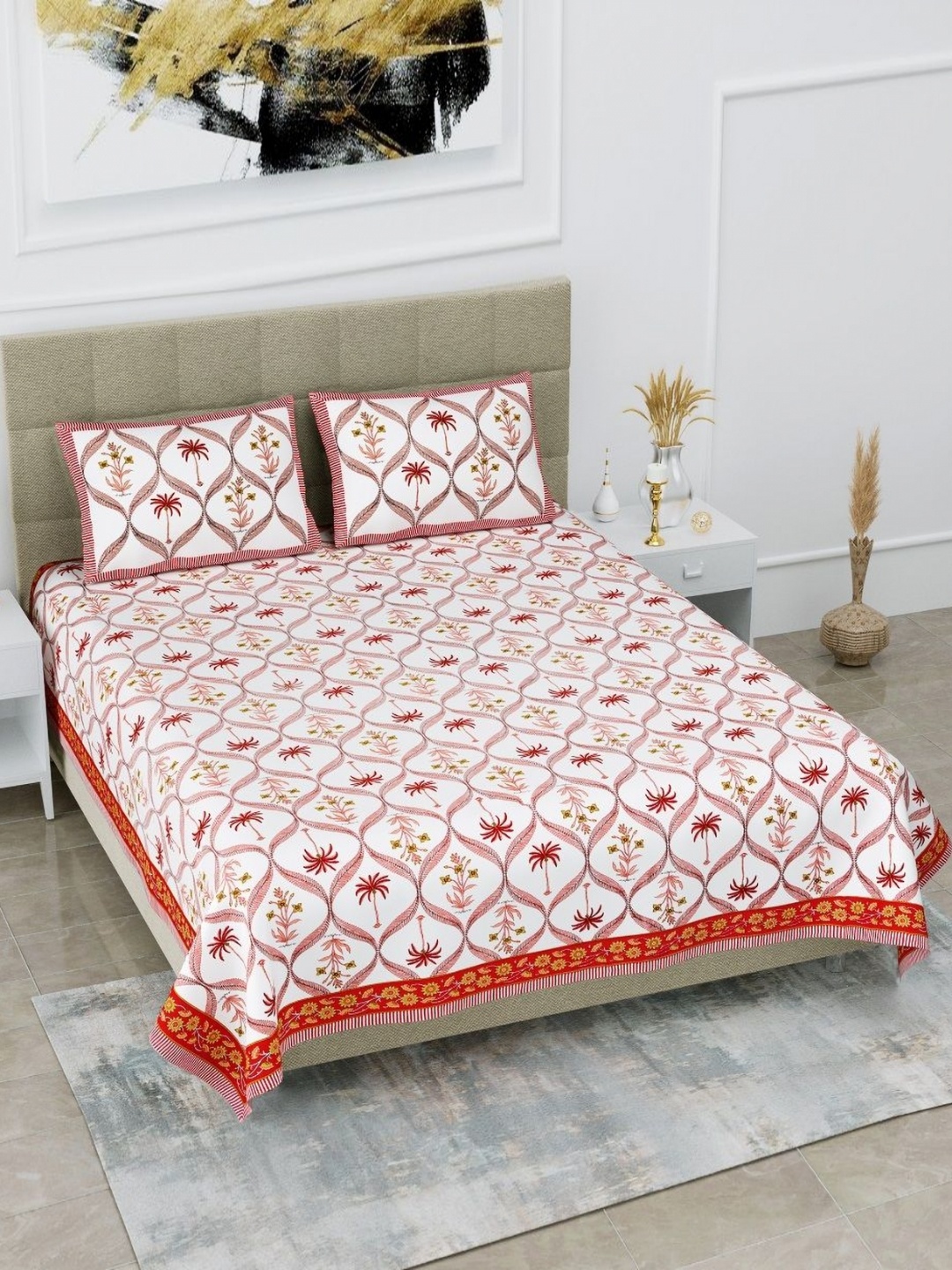 

HOMELINE Red & White Floral Printed Cotton 180 TC King Bedsheet Set 2.74 x 2.54m