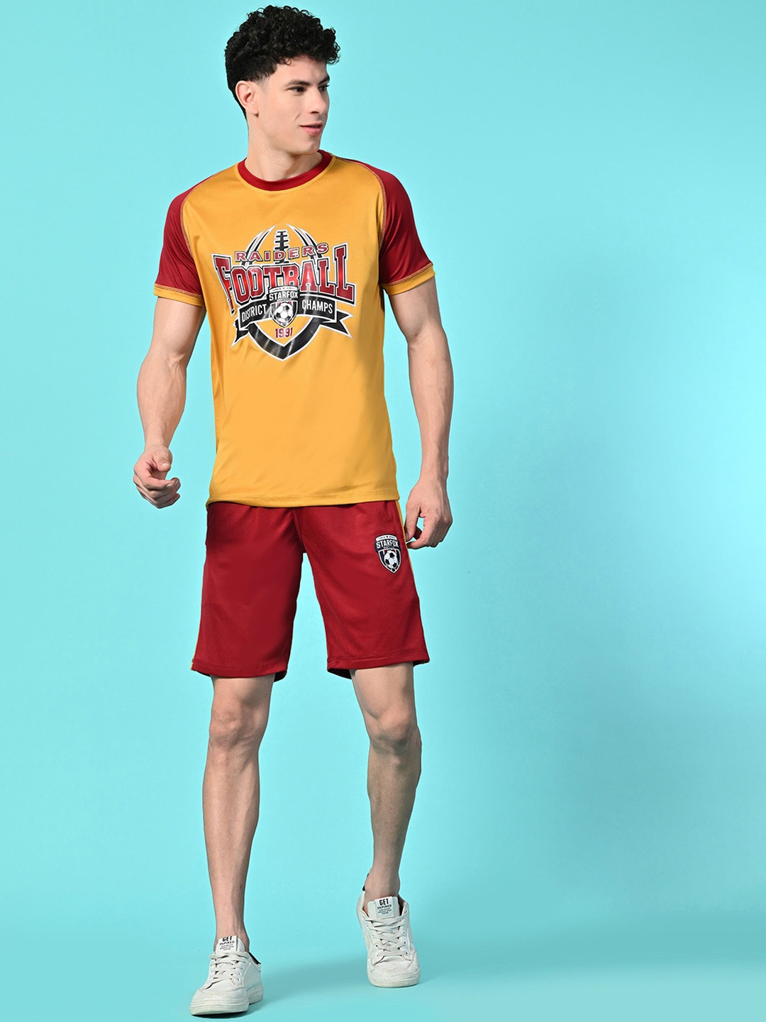 

STARFOX Colorblocked Round Neck T-Shirt & Shorts Co-Ords, Mustard