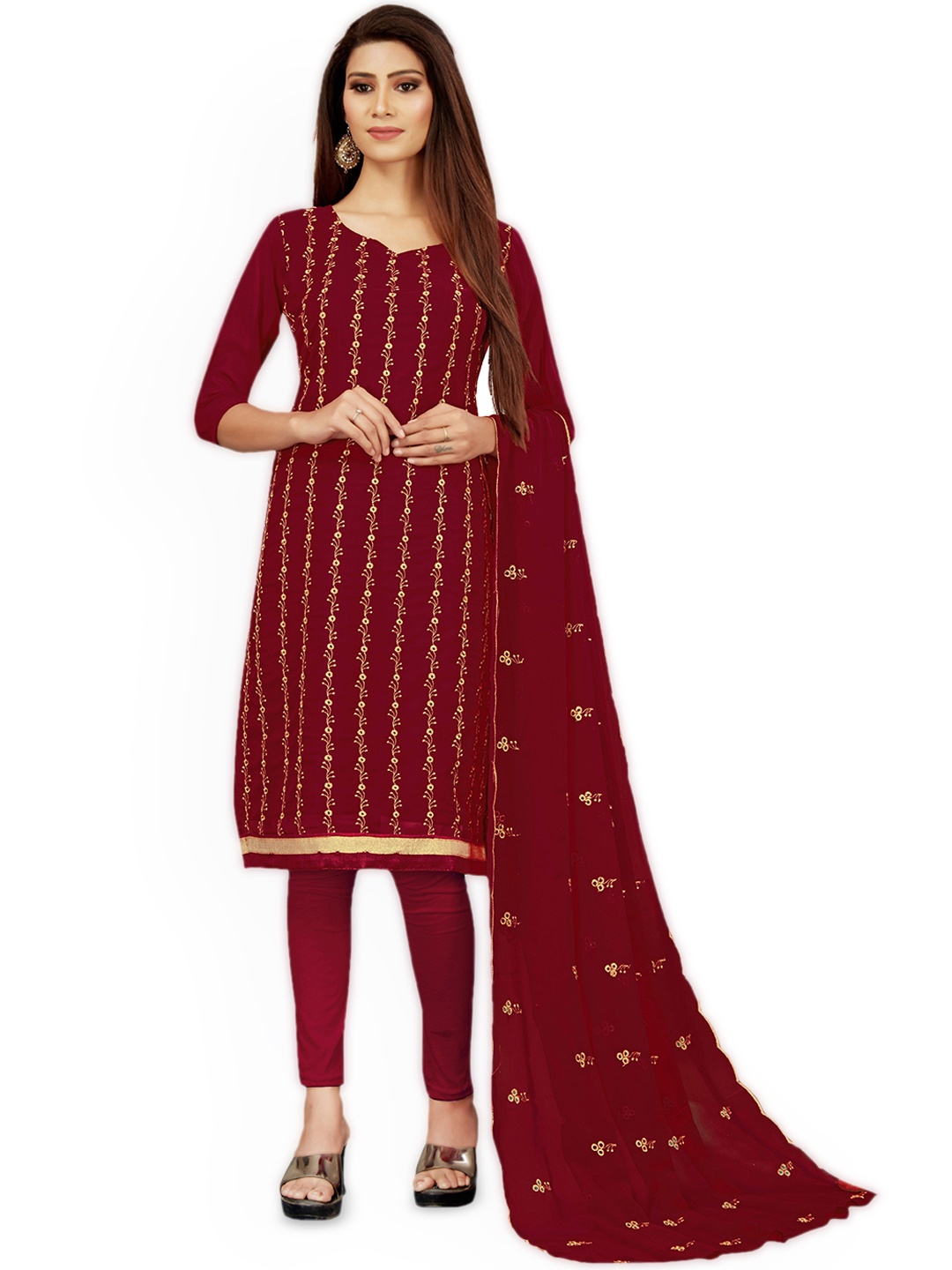 

Maroosh Floral Embroidered Zari Unstitched Dress Material, Maroon