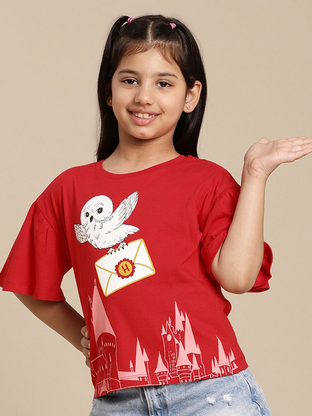 

Kids Ville Girls Graphic Printed Round Neck Cotton Relaxed Fit Harry Potter T-shirt, Red
