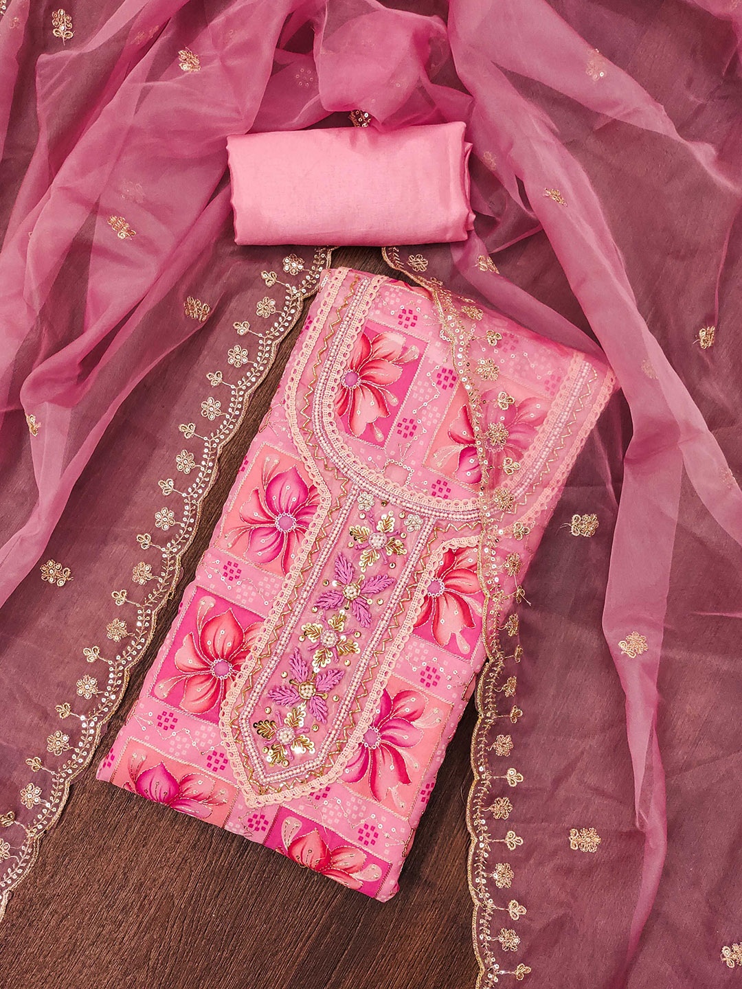 

KALINI Floral Embroidered Beads and Stones Organza Unstitched Dress Material, Pink