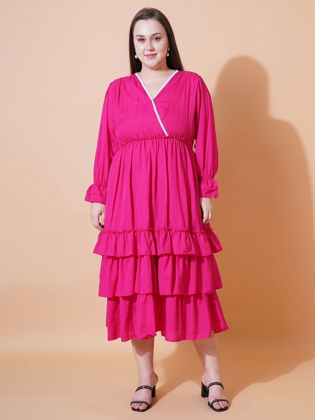 

U&F Beyond Women Bell Sleeve Fit & Flare Midi Dress, Magenta