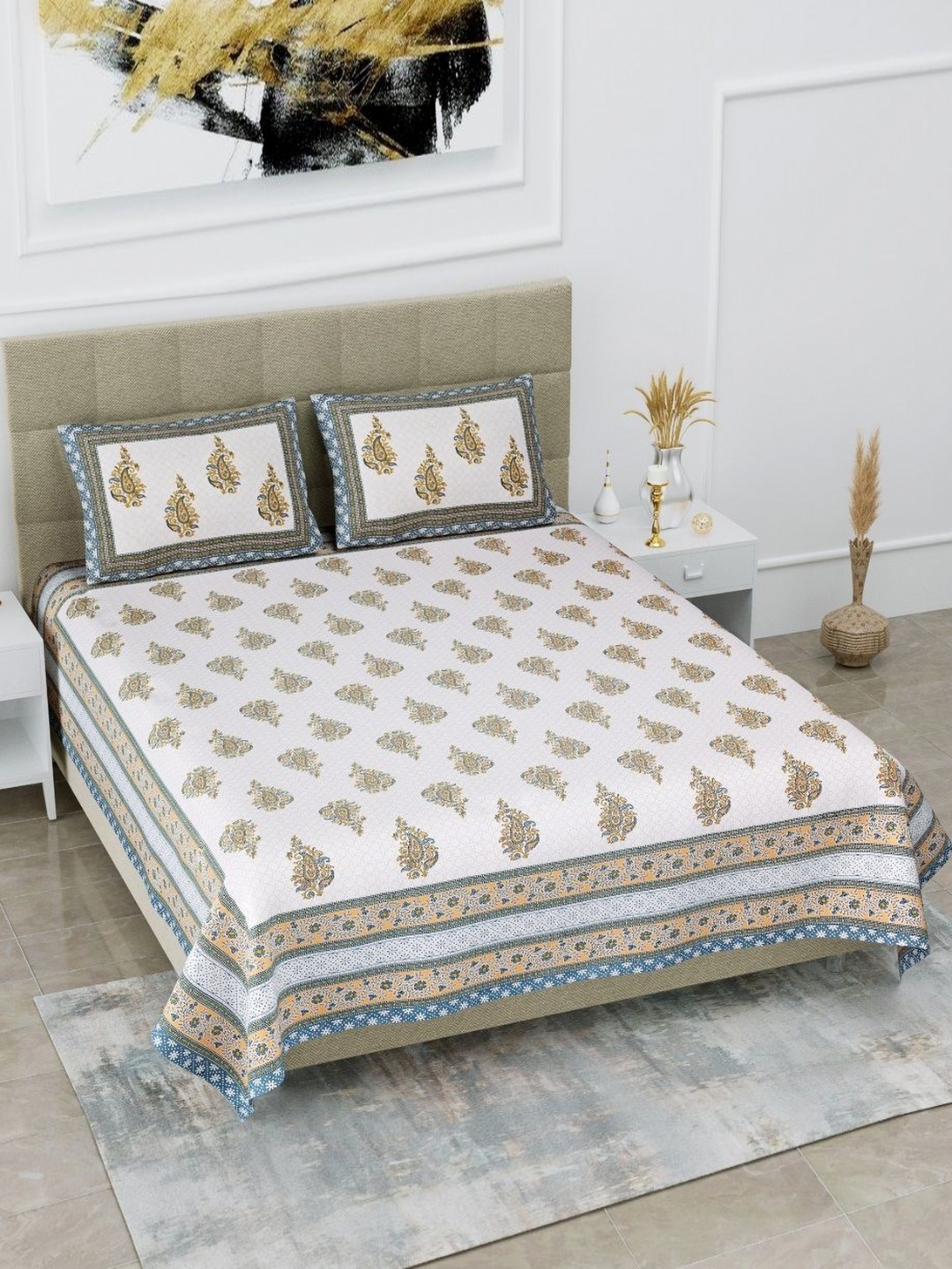 

HOMELINE Blue & White Floral Printed Cotton 180 TC King Bedsheet Set 2.74 x 2.54m