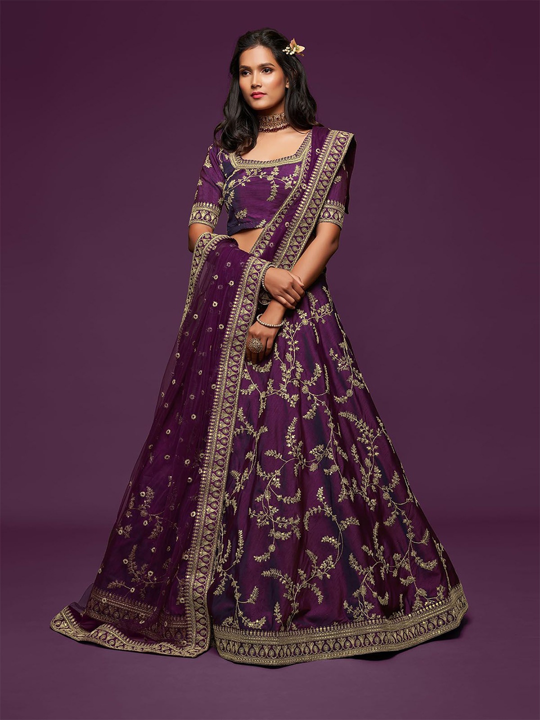 

ODETTE Embroidered Sequinned Semi-Stitched Lehenga & Unstitched Blouse With Dupatta, Purple