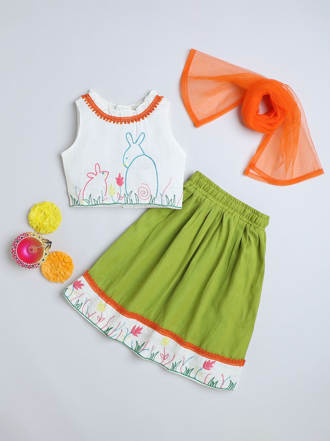 

MANY FROCKS & Girls Printed Ready to Wear Cotton Lehenga Blouse With Dupatta, Green
