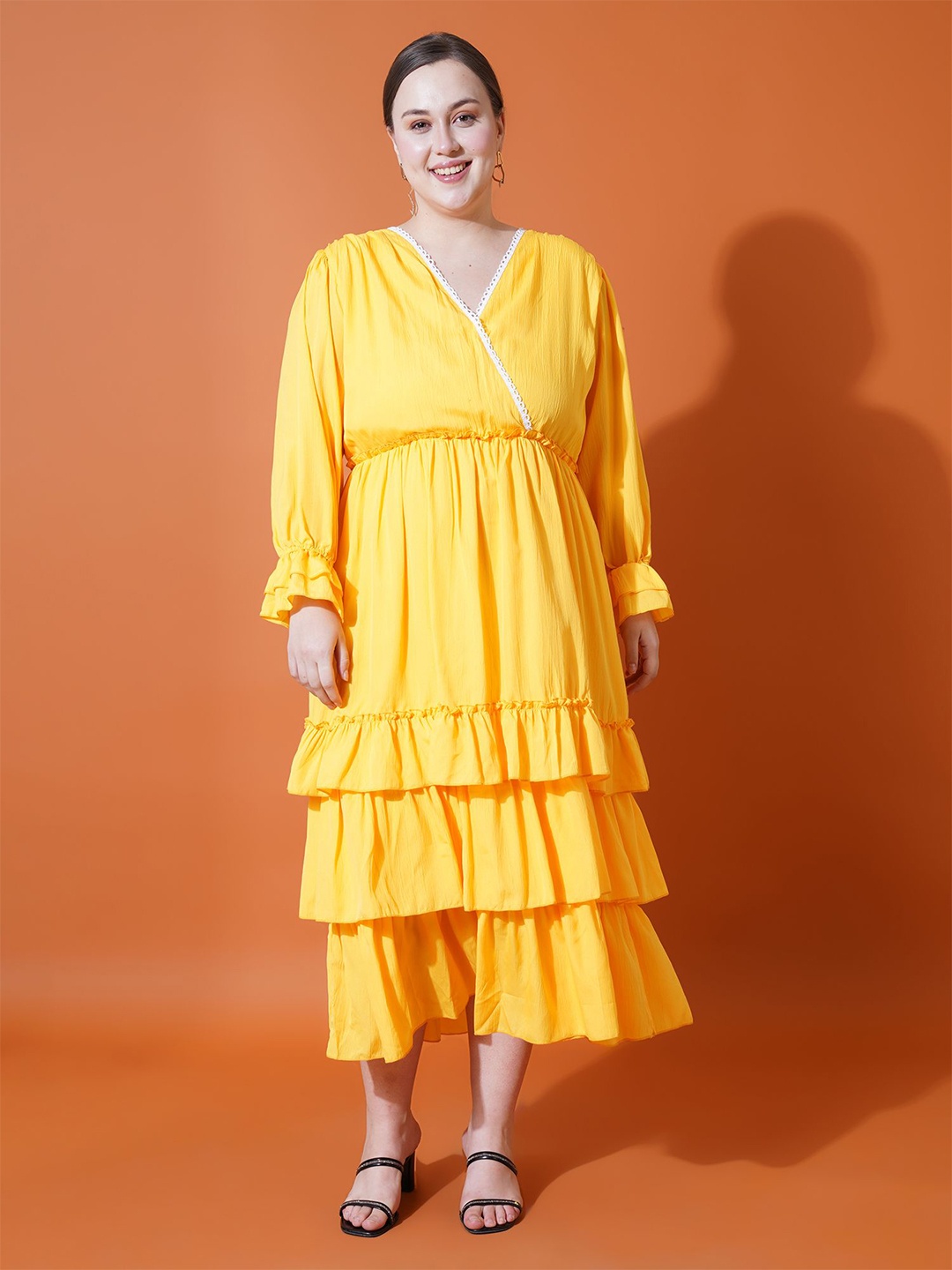 

U&F Beyond Women Bell Sleeve Ruffled Fit & Flare Midi Dress, Yellow