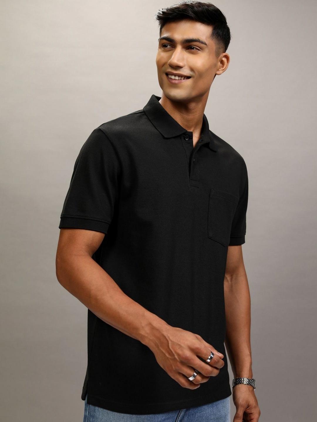 

HIGHLANDER Men Solid Polo Collar Cotton Relaxed Fit T-shirt, Black