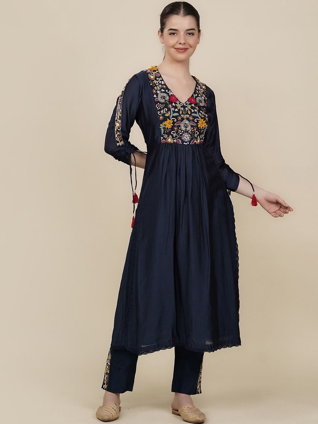 

House Of Dharaa Floral Embroidered V-Neck Pleated Beads and Stones Kurta with Trousers, Navy blue