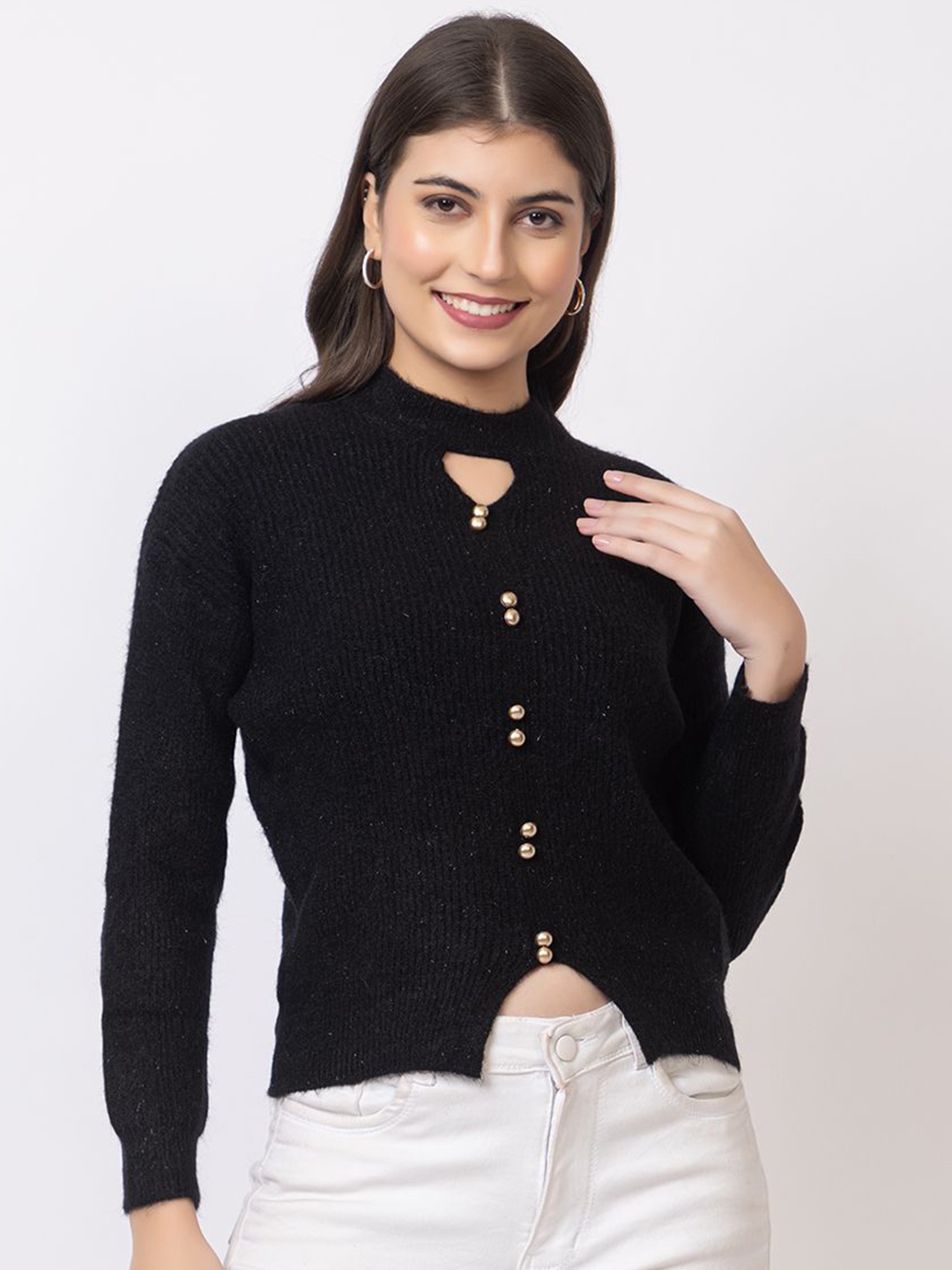 

GFO Women Keyhole Neck Woollen Pullover, Black