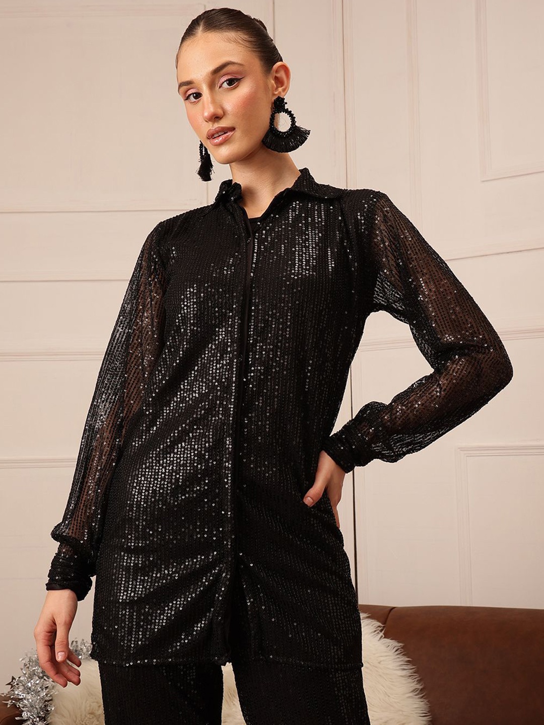 

BAESD Women Spread Collar Solid Party Shirt, Black