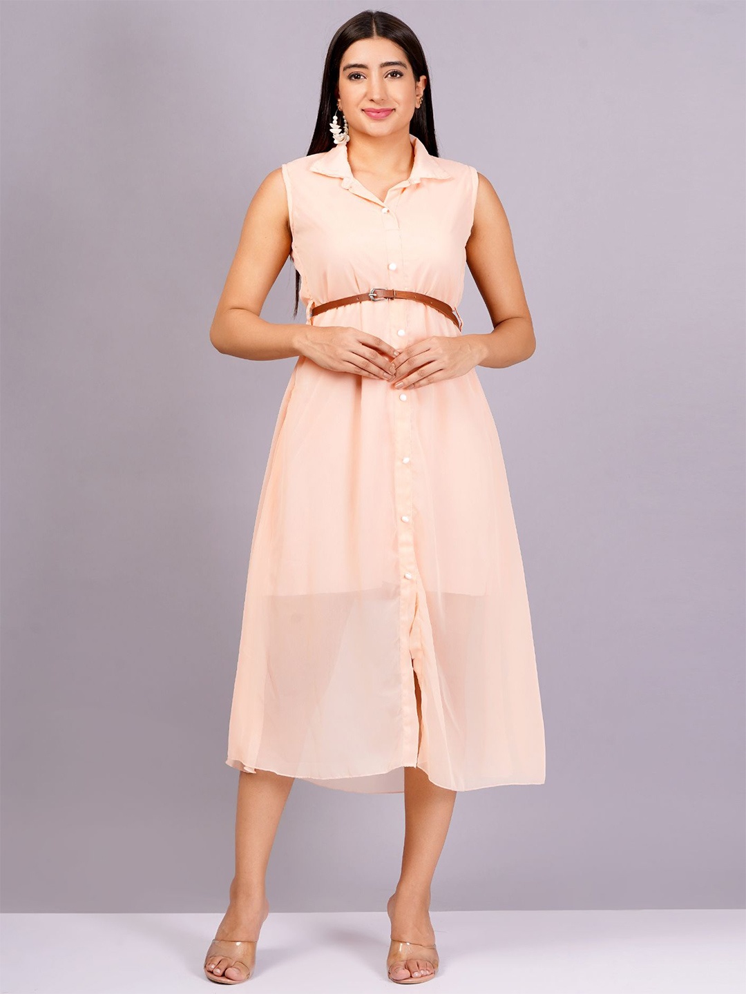 

BAESD Georgette A-Line Shirt Collar Belted Midi Dress, Peach