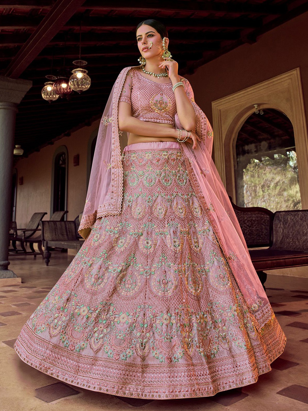 

ODETTE Embroidered Thread Work Semi-Stitched Lehenga & Blouse With Dupatta, Pink