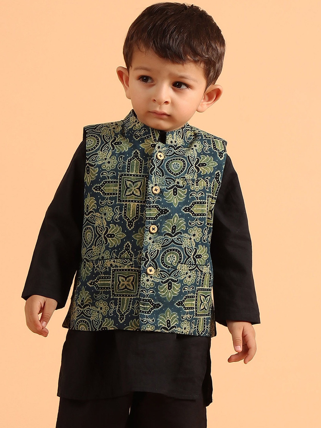 

TJORI Boys Pure Cotton Printed Woven Nehru Jackets, Blue